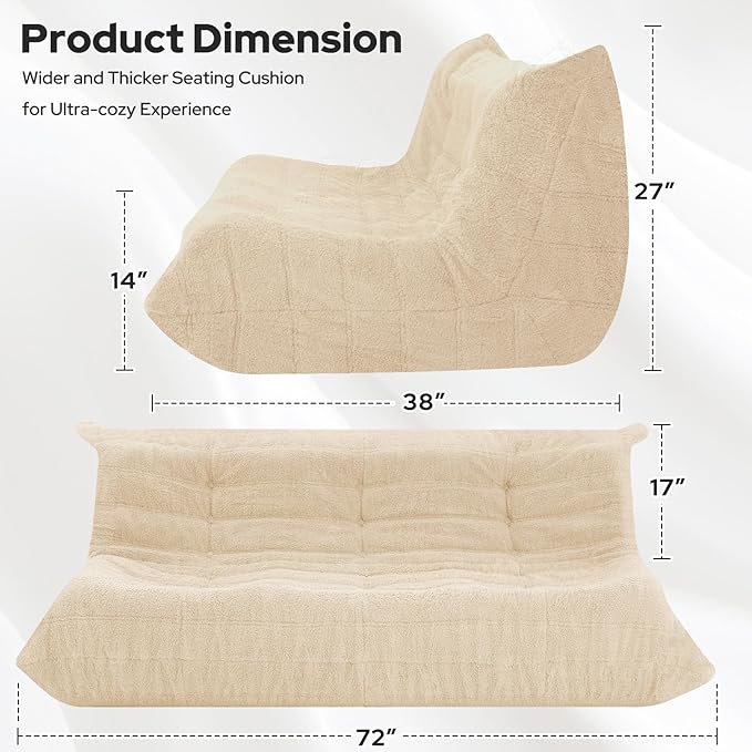 HABUTWAY Bean Bag Chairs Fireside Lazy Floor Sofa, Soft Teddy Fleece 3 Seater Sofa with High-Resilience Foam Filling，Beanbag for Living Room, Bedroom, Office (Khaki Teddy)