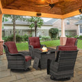 Belord 5 Pieces Patio Wicker Furniture Set - 4 Outdoor Swivel Rocker Glider Chairs with 50000BTU Propane Fire Pit Table, Warm Patio Conversation Set Red Cushion Perfect for Casual Gathering