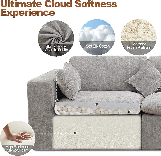 155''Cloud Boneless Sectional Couch, Modular Sectional Sofa Deep Seat, Oversized Upholstered Convertible Comfy 8 Seater Chenille Memory Foam Sofa U Shape Couches for Living Room, Light Grey
