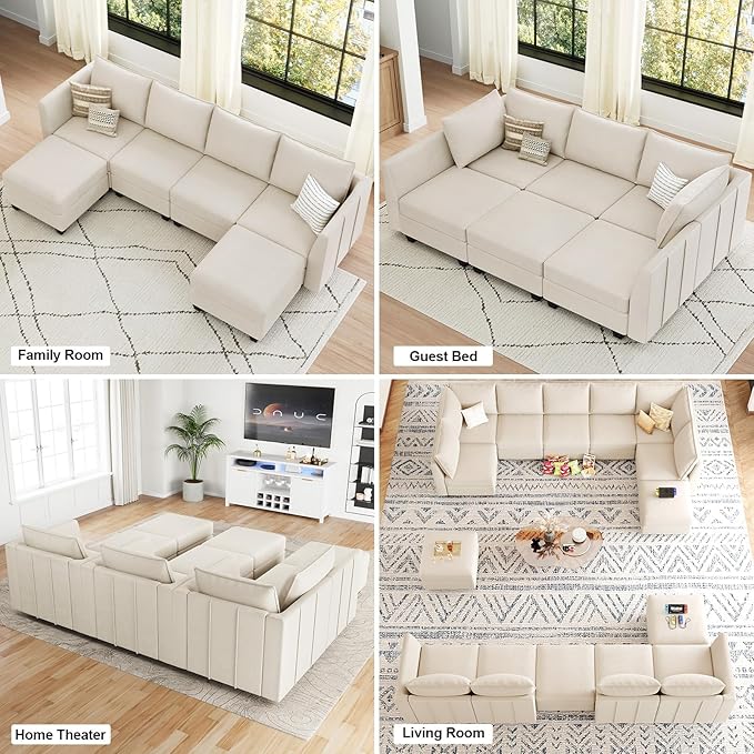 Belffin Modular Sectional Sofa U Shaped Couch with Storage Ottoman Velvet Sectional Couch for Living Room, Beige