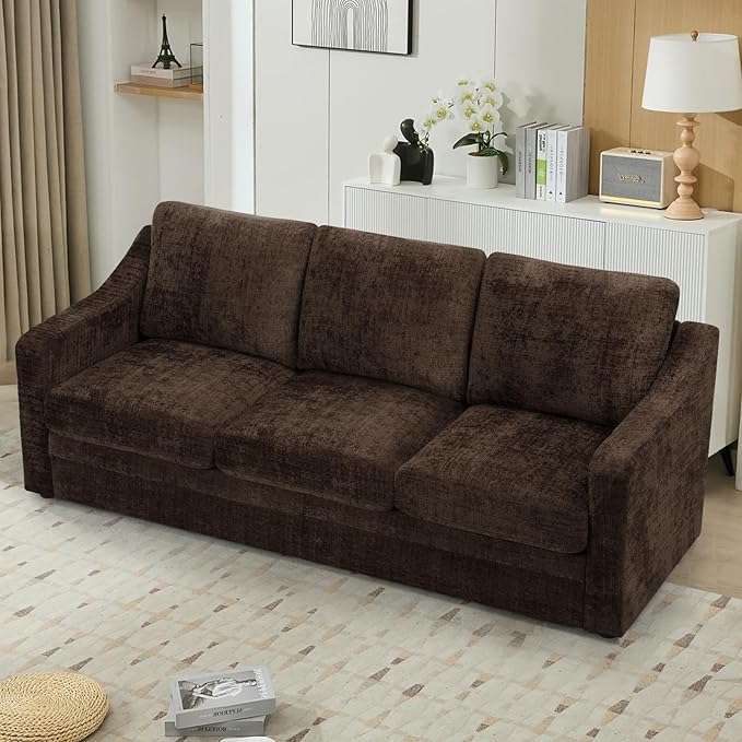 ACMEASE 83 Inches Chenille 3-Seat Sofa w/Comfortable Back Cushions, Modern Sofa w/Deep Seat Space, Upholstered 3 Seater Couch w/High Resiliency Foam for Living Room, Brown