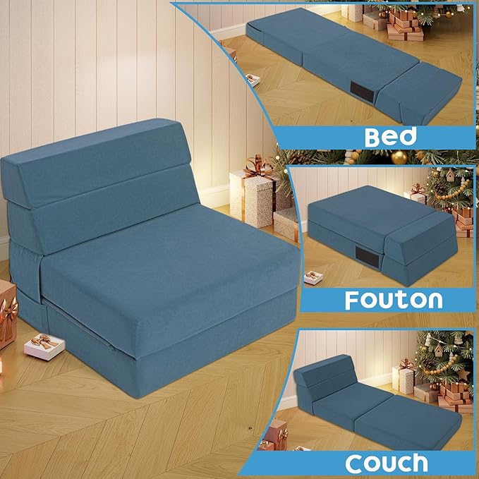 Folding Sofa Bed with Backrest 4 in 1 Convertible Sleeper Chair Memory Foam Fold Out Chair Bed Foldable Mattress Portable Floor Futon Sofa Couch for Living Room/Dorm/Guest Room/Home Office