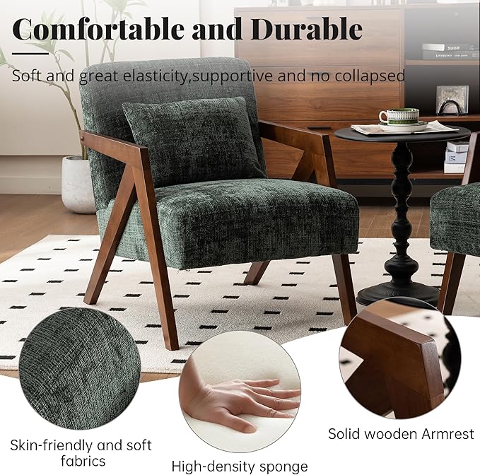 Mid Century Modern Accent Chair with Solid Wood Frame，Upholstered Chenille Living Room Arm Chairs with Pillow for Bedroom, Living Room, Reading Room, Balcony (2, Dark Green)