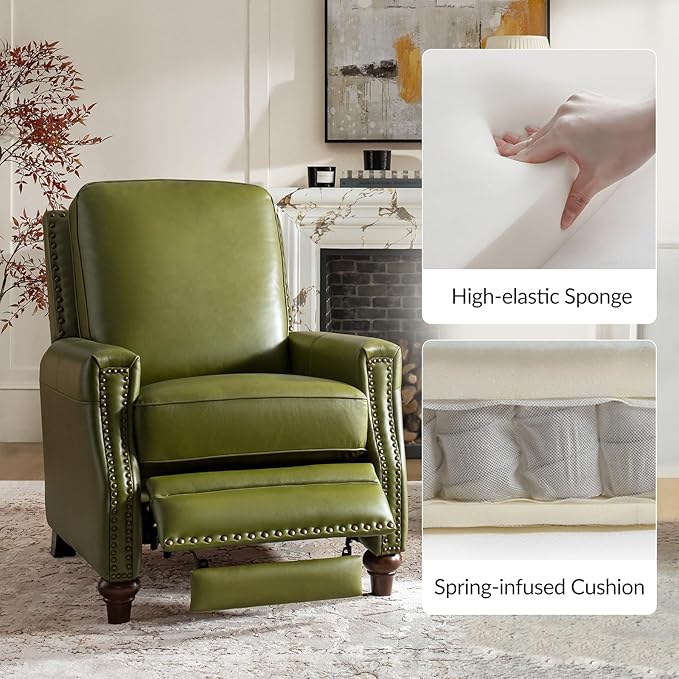 HULALA HOME Genuine Leather Recliner Chair Set of 2, Classic Push Back Recliner Armchair with Thick Seat and Backrest (Olive)