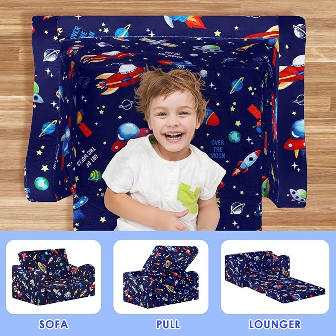 alldomess Comfy Kids Couch, 2-in-1 Folding Kids Sofa Bed for Toddler Boys, Convertible Sofa to Lounger Toddler Couch Chair for Baby Bedroom Playroom Nursery,Rockets