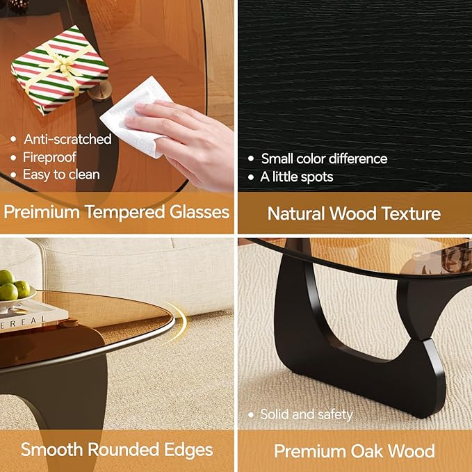 LUCKIIA Coffee Tables Glass Small Farmhouse Coffee Table Mid-Century Modern Wood Center Table for Living Room, Black Brown, 45 Inch