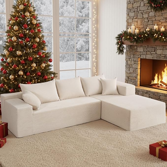 Sectional Cloud Boneless Couch for Living Room Bedroom, Comfy Modern L Shaped Modular Sofa with Right Facing Chaise, Deep Seat Memory Foam Couch in Box, No Assembly (Fine Striped Corduroy, Beige)