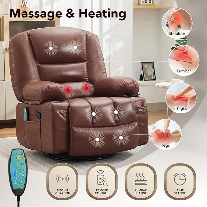 Rocker Recliner Chairs for Adults w/Vibration Massage and Heating,360° Swivel Rocker Glider Recliner,Extra Wide Manual Lazy Chair,PU Leather Overstuffed Soft Sofa Chair for Living Room,Bedroom,Brown
