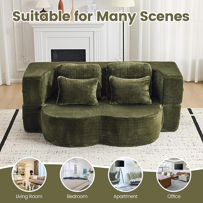 Orynveela Convertible Folding Sofa Bed, 78” Full Size Floor Sleeper Couch, Chenille Full Foam Futon Loveseat for Living Room Bedroom, No Assembly Required (Green)