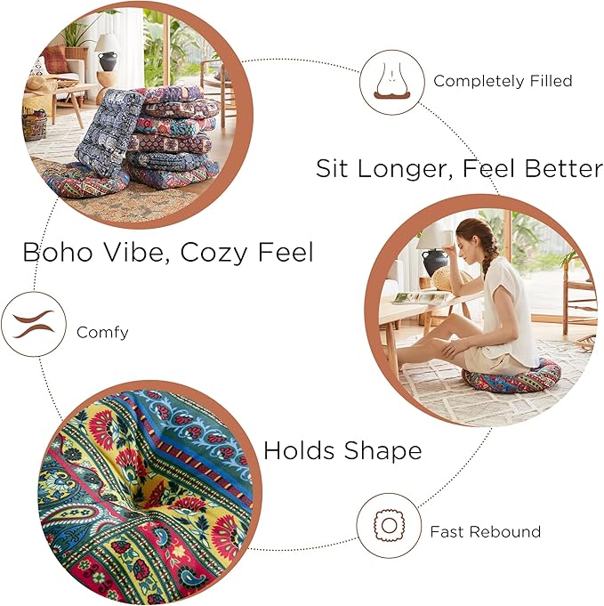 Codi Meditation Floor Pillow, Boho Pillows Seating for Adults and Kids, Large Cushion for Yoga Living Room Tatami Sitting, Memory Foam Added, 22x22 Inch Pack of 2, Round - Multi Blaidiere
