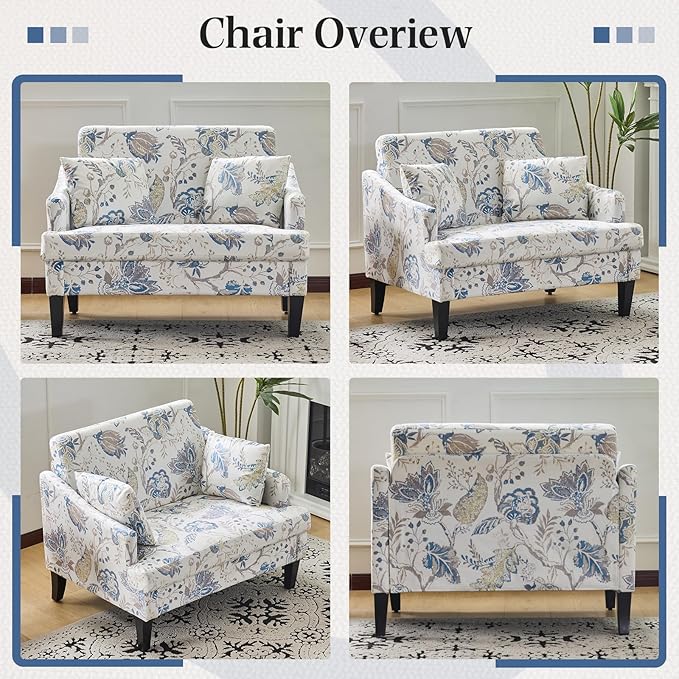Bezseller Oversized Accent Chair, 33.5'' Wide Seat Comfy Armchair with 2 Pillows, Upholstered Big Reading Chair, Modern Single Sofa Chair for Living Room Bedroom Apartment Office, Blue Floral