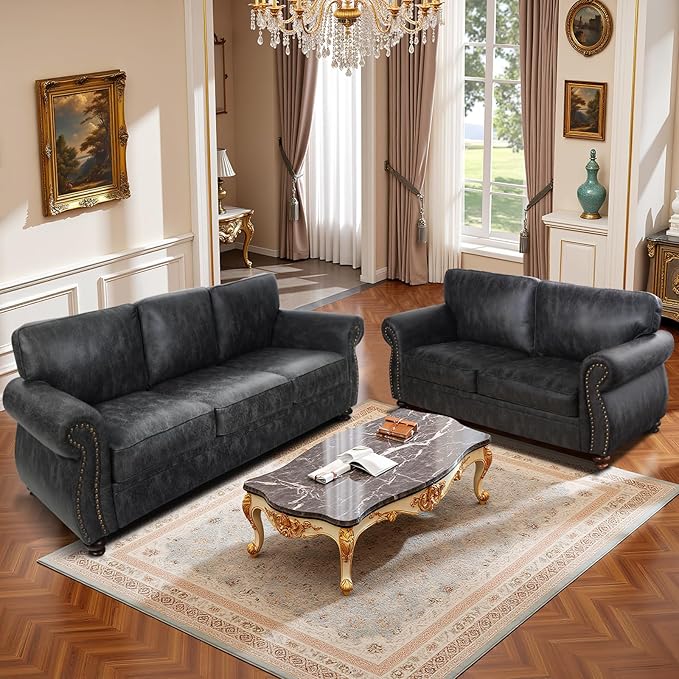 Couchus Living Room Furniture Sets,Sofa Sets and Couch Sets for Living Room,Mid-Century Vintage Sofa Couches with Rivet Design (Grey, Loveseat+3 Seater)