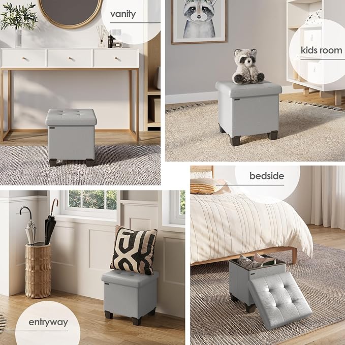 STORAGEBUD Storage Ottoman Cube with Small Bin, 16-in Square Ottoman with Storage for Living Room and Bedroom, Small Ottomans Foot Rest, Faux Leather Foot Stools Ottomans Max 330lbs, Light Grey