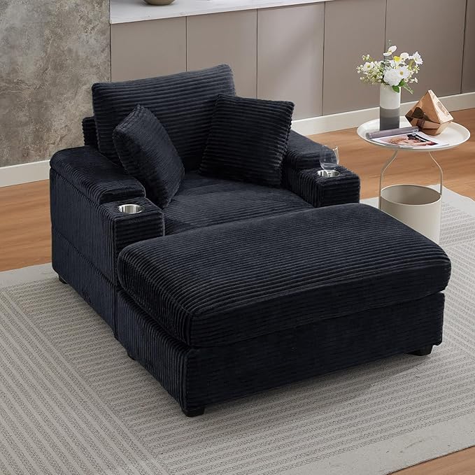 50" Oversized Chaise Lounge Chair Indoor with Ottoman and Storage, Deep Seat Upholstered Reading Chair, Comfy Corduroy Sleeper Chair with Cup Holder, Reclining Chair for Living Room, Bedroom, Black