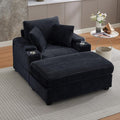 50" Oversized Chaise Lounge Chair Indoor with Ottoman and Storage, Deep Seat Upholstered Reading Chair, Comfy Corduroy Sleeper Chair with Cup Holder, Reclining Chair for Living Room, Bedroom, Black