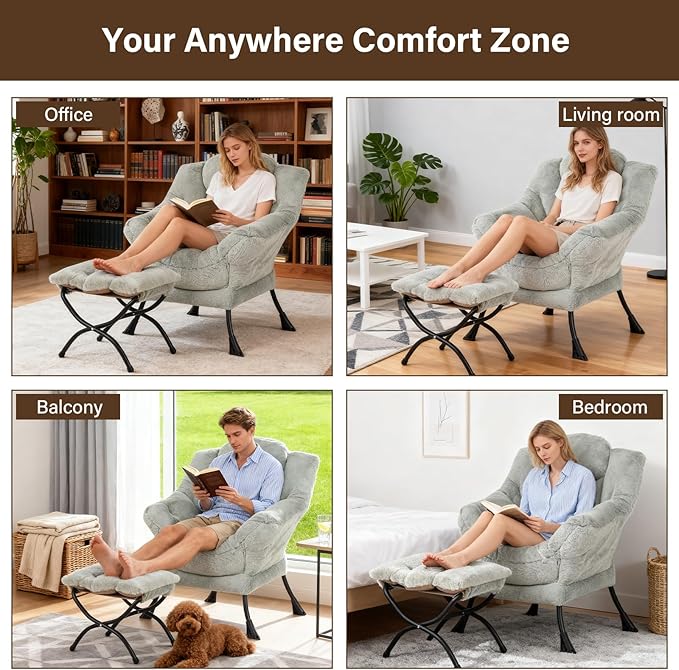 Welnow Lazy Chair with Ottoman, Modern Lounge Accent Chair with Armrests and a Side Pocket, Leisure Sofa Armchair, Reading Armchair with Footrest for Small Space, Plush Green