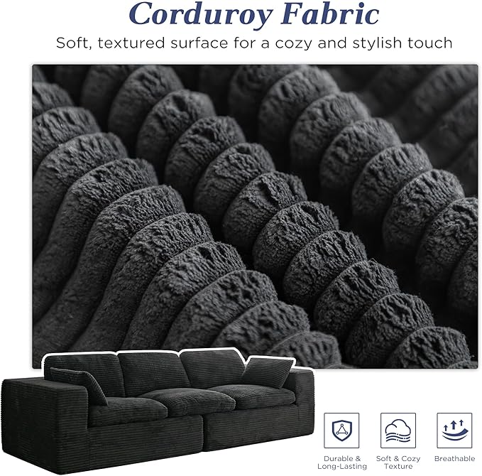 Esright 110" Oversized Sofa for Living Room, Cloud Boneless Couch with Fluffy Seat Cushions, 3 Seater Upholstered Floor Sofa, No Assembly Required, Black