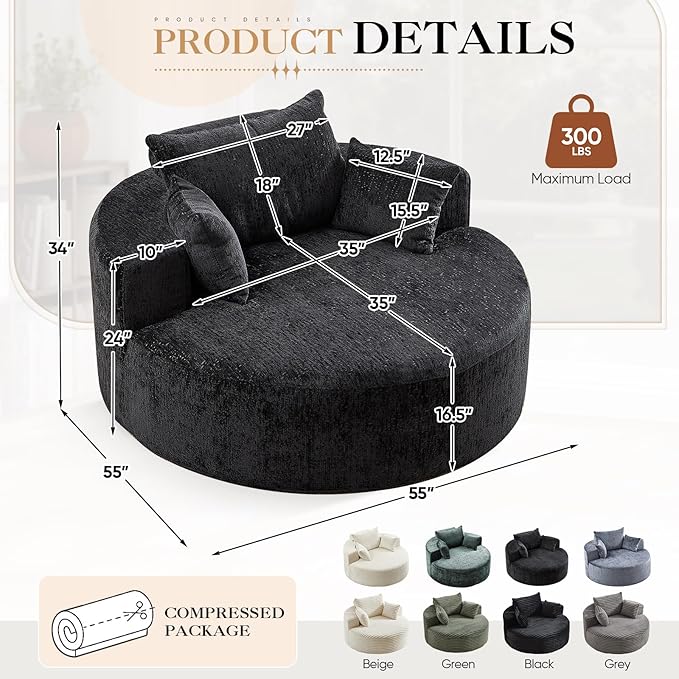 JEEOHEY Modern Round Accent Sofa Chair for Living Room, Upholstered Chenille Barrel Lounge Arm Chair with Large seat&Throw Pillows for Bedroom, Office, Apartment, Black