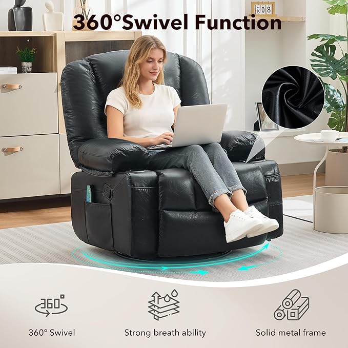 Rocker Recliner Chairs for Adults w/Vibration Massage and Heating,360° Swivel Rocker Glider Recliner,Extra Wide Manual Lazy Chair,PU Leather Overstuffed Soft Sofa Chair for Living Room,Bedroom,Black