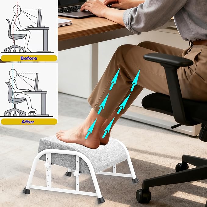 Foot Rest for Under Desk at Work, 10-Level Height Adjustable Ergonomic Foot Stool with Removable Soft Memory Foam Pad, Office & Gaming Desk Accessories for Leg Support（White