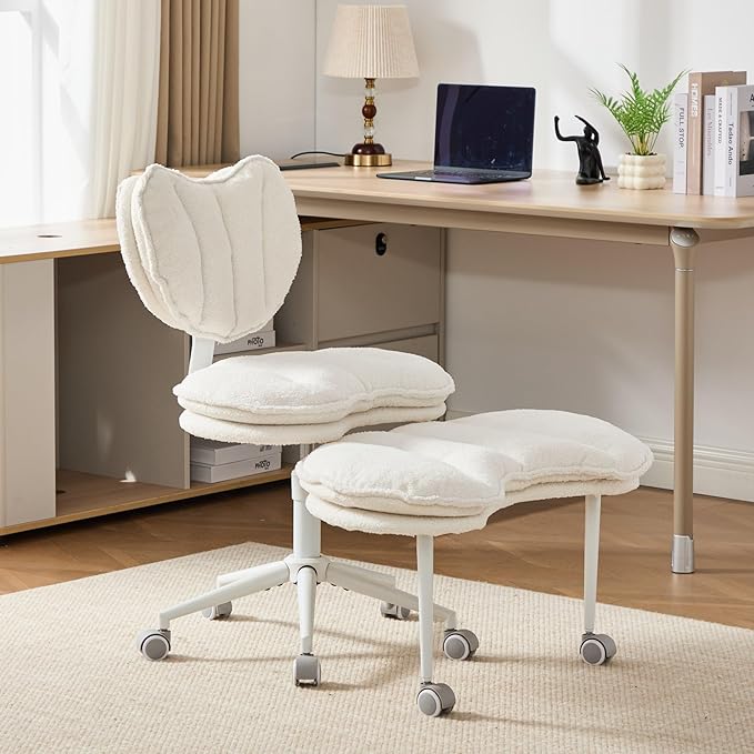 Cross Legged Chair with Footrest, Plus Size Criss Cross Office Chair with Memory Foam Cushion, Armless Swivel Desk Chair with Wheels, Cozy Active Sitting Chair for Home Office & Bedroom,Teddy Fleece