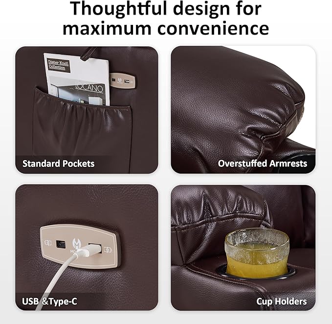 MCombo Large Power Lift Recliner Chair Sofa with Massage and Heat for Big and Tall Elderly People, 3 Positions, Cup Holders, and USB Ports, Faux Leather 7540 (Large, Dark Brown)