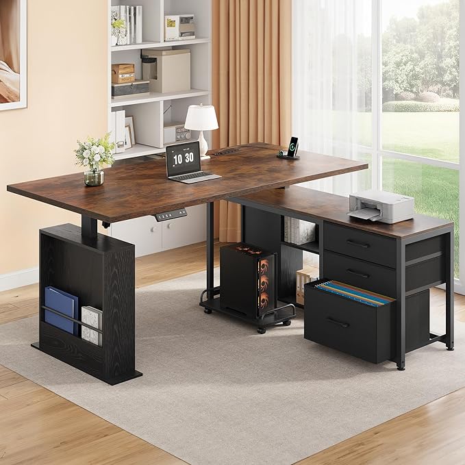 63" L Shaped Standing Desk with 3 Drawers Electric Adjustable Height Desk Corner Standing Desk with Storage Computer Game Desk with Power Outlets Computer Tower Stand for Home Office, Brown