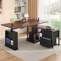 63" L Shaped Standing Desk with 3 Drawers Electric Adjustable Height Desk Corner Standing Desk with Storage Computer Game Desk with Power Outlets Computer Tower Stand for Home Office, Brown