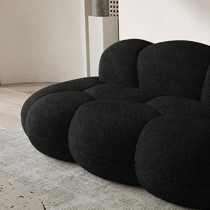 WJShome 90" Modern Curved Cloud Shaped Couch for Living Room,Lazy Floor Couch, Boucle LoveSeat 3 Seater Sofa, Cozy Leisure Boneless Couches for Bedroom, Apartment-No Assembly Required (Black)