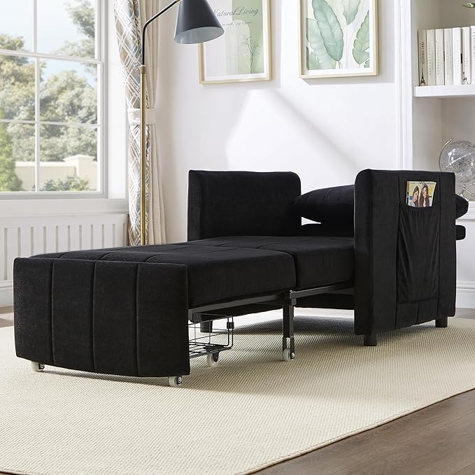 Merax 3-in-1 Convertible Sofa Bed Chair,Singe Pull Out Sleeper Couch with 5-Position Adjustable Backrest, Side Pockets and a Storage Basket, Fold Out Single Armchair, Black