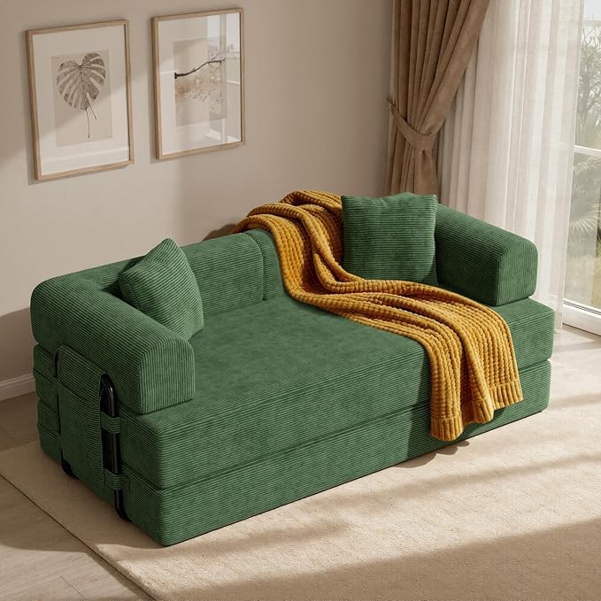 Convertible Corduroy Sleeper Sofa Bed with Cylindrical Pillows,Convertible Mattress Sofa with Fixed Shape Frame, Living Room Bedroom Lounge Studio Use Floor Sofa Lounge,Green