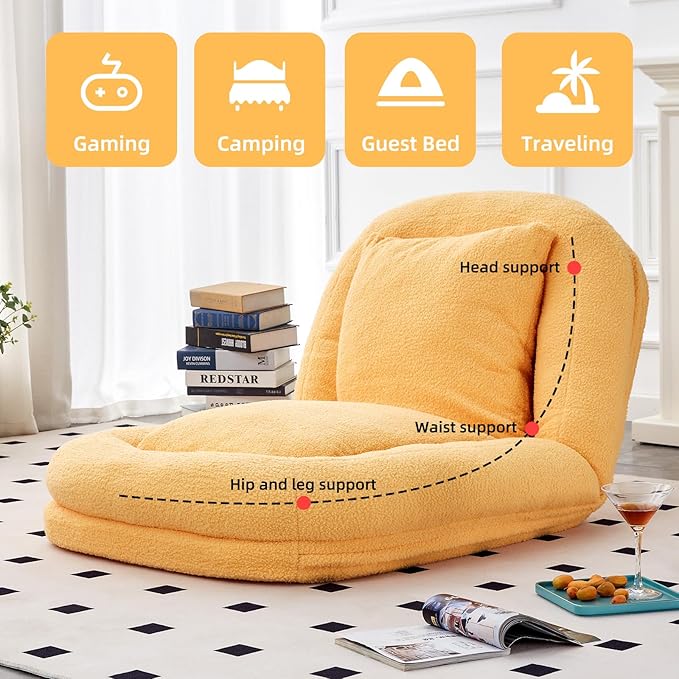 Cozy Yellow Folding Sofa Chair – 5 Adjustable Positions for Plush Lounge Comfort While Gaming, Meditating & Relaxing!