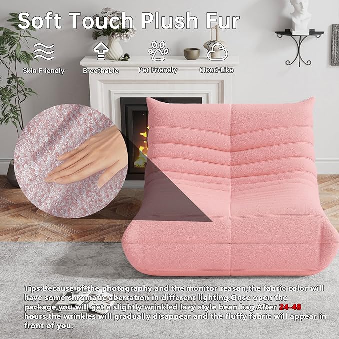 Bean Bag Chairs for Adults, BeanBag Reading Chair Memory Foam Couch, Floor Chair Soft Teddy Material, Comfy Reading Nook Chairs for Bedroom Living Room Office (Pink)
