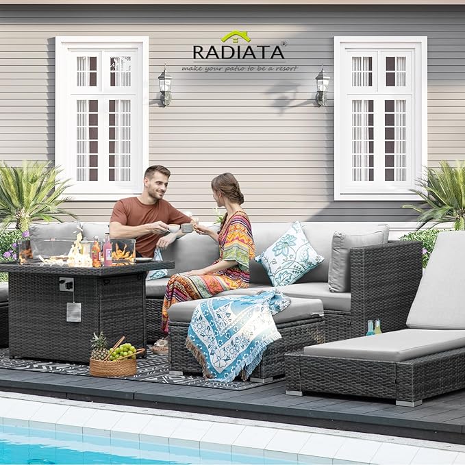 RADIATA 10Piece Wicker Patio Furniture Set with Fire Pit, All-Weather Outdoor Sectional Couch High Back Large Size, Modular Backyard Seating Sofa Set with Propane/Natural Gas Firepit Table, Light Grey