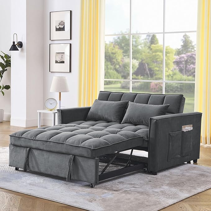 3 in 1 Convertible Sleeper Sofa Bed, Futon Couches for Living Room with Side Pocket | Adjustable Backrest| Velvet Fabric | Pull Out Couch | Love seat Sofa|2-seat Sofa Bed (Grey)