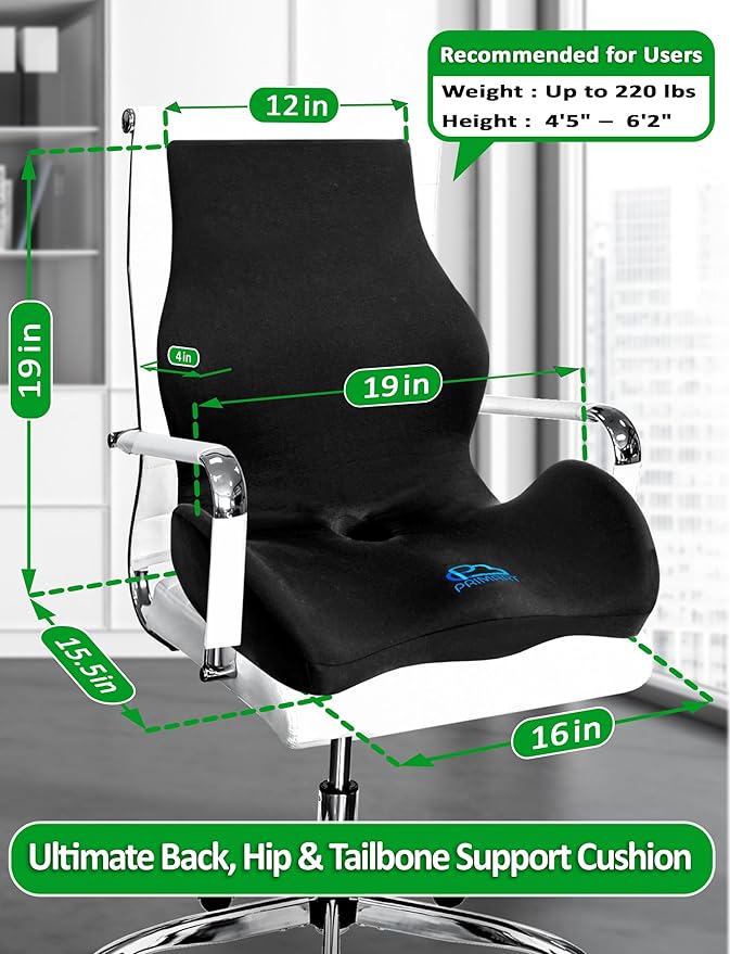 Ergonomic Memory Foam Seat Cushion for Office Chair, Car Seat, Dining, Gaming Chair & Wheelchair, Full Back & Lumbar Support Pillow One Piece, Back Pain Relief, Coccyx, Tailbone & Sciatica Pain Relief