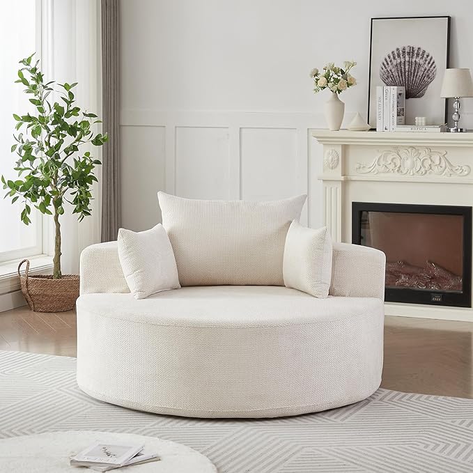 Antetek Oversized Round Chaise Longue Chair Indoor, Modern 55-inch Upholstered Waffle Chenille Deep Seat Circle Single Cloud Lounge Floor Sofa Chair for Living Room, Bedroom Apartment, Beige