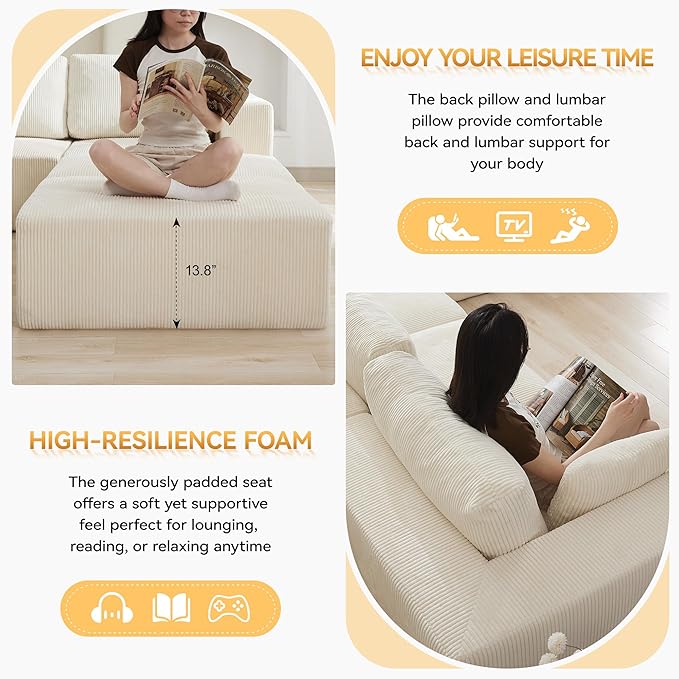 83'' Boneless Loveseat Sofa, Comfy Deep Seat Sectional Cloud Couch, No Assembly Corduroy Love Seat for Living Room, Beige