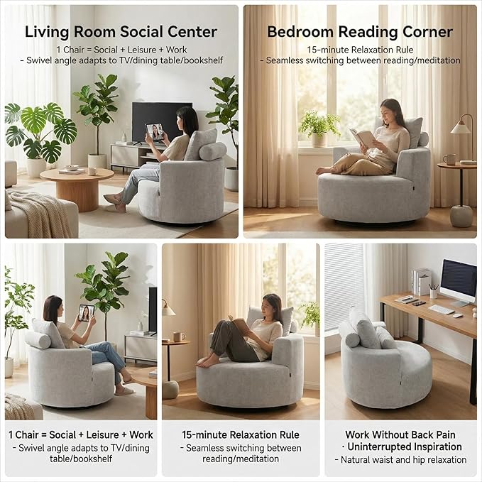 Furnimart 40" Oversized Barrel Accent Chair Set of 2, 360° Swivel Round Upholstered Sofa, Chenille High-Resilience Sponge, No Assembly, Wide Seat for Living Room, Bedroom, Apartment (Gray)