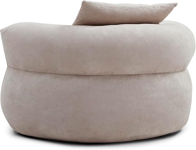 Round Boneless Cotton Linen Bean Bag Chair with Side Pocket - Compressed No Assembly Barrel Chaise Lounge, Soft Floor Sofa for Living Room & Bedroom (Khaki)