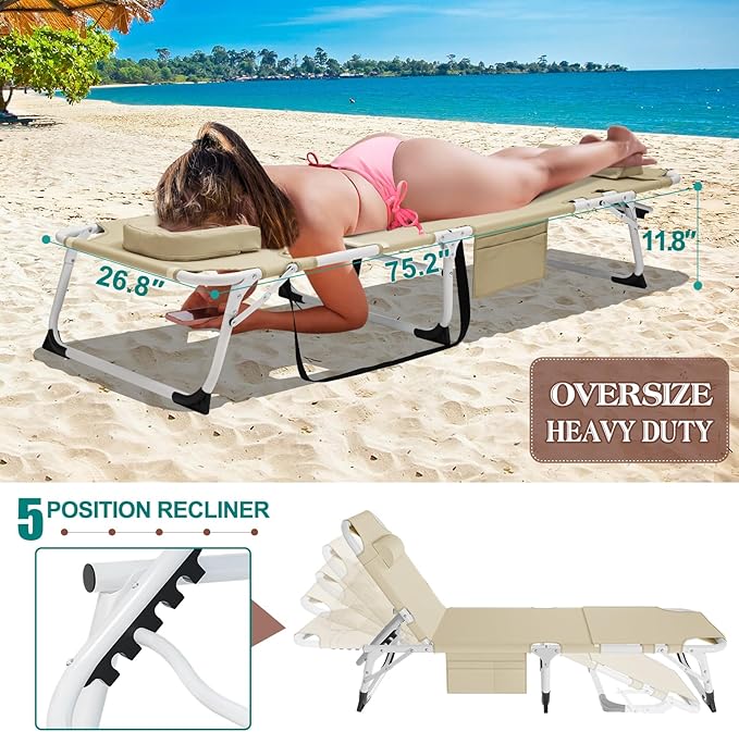 DoCred Heavy Duty Tanning Chair with Face Hole, Adjustable 5-Position Folding Chaise Lounge Chairs for Outside, Portable Lay Flat Beach Lounge Chair for Outdoor Sunbathing Beach Pool Lawn Camping