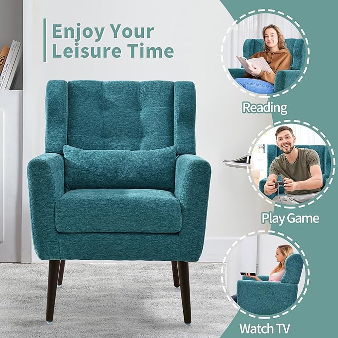 CHSICFOR Modern Accent Chair, Upholstered Arm Chair with Waist Pillow, Single Sofa Chair for Living Room Bedroom Small Spaces (Teal)