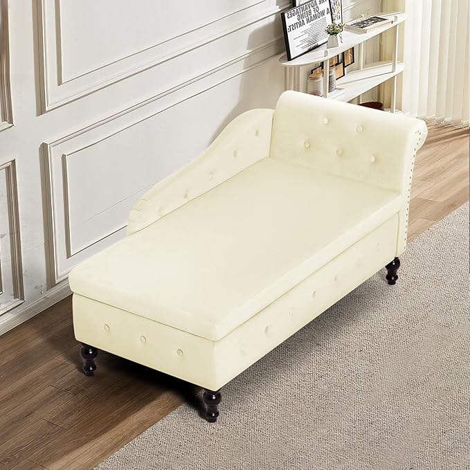 ACMEASE Upholstered Chaise Lounge with Right Armrest & Lumbar Pillow,Button Tufted Lounge Sofa with Storage,Lounge Chair Indoor,Modern Velvet Lounge Chair for Bedroom, Living Room and Office,Beige