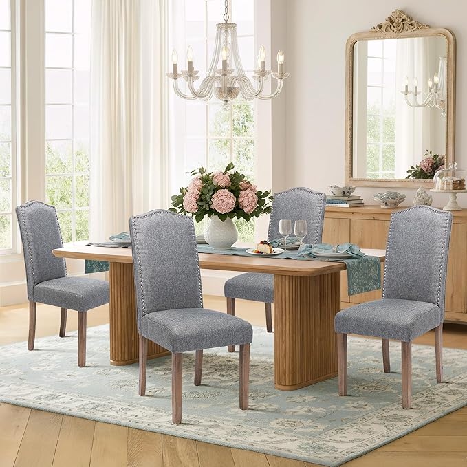 Snugway Upholstered Dining Chair Stylish Parsons Kitchen High Back with Silver Nailhead Trim & Wood Legs, 6-Pack, Fabric Classic Grey