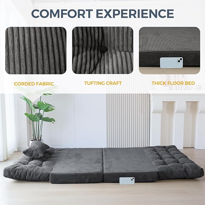 MAXYOYO Bean Bag Bed Tufted Folding Sofa With Pillows, Extra Thick and Long Floor Mattress for Adults, Twin Couch Bed for Bedroom Living Room, Dark Grey, 39x91 Inch