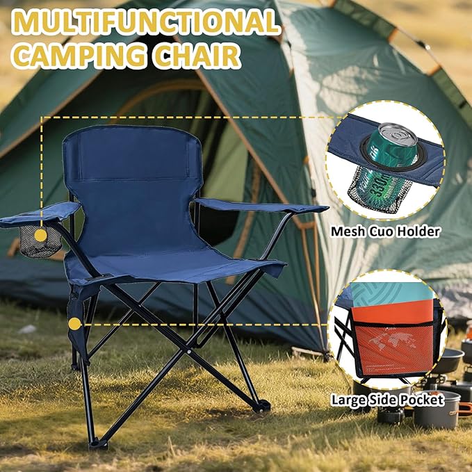 SAILARY Folding Camping Chair with Cup Holder and Cooler Bag, 225lbs Capacity, Upgraded Portable Foldable Chair with Heavy Duty Steel Frame for Outdoor, Beach, Fishing, Backpacking, Navy Blue 2PCS
