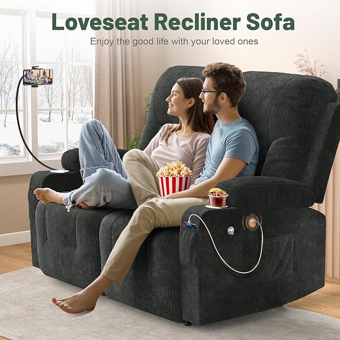 FURNIMAT Loveseat Recliner Sofa, 2 Seater Reclining Loveseat Sofa, Fabric Loveseat Couch, Modern Recliner Chair for Living Room, with Cup Holder and 2 Cell Phone Holders, USB Ports, Grey