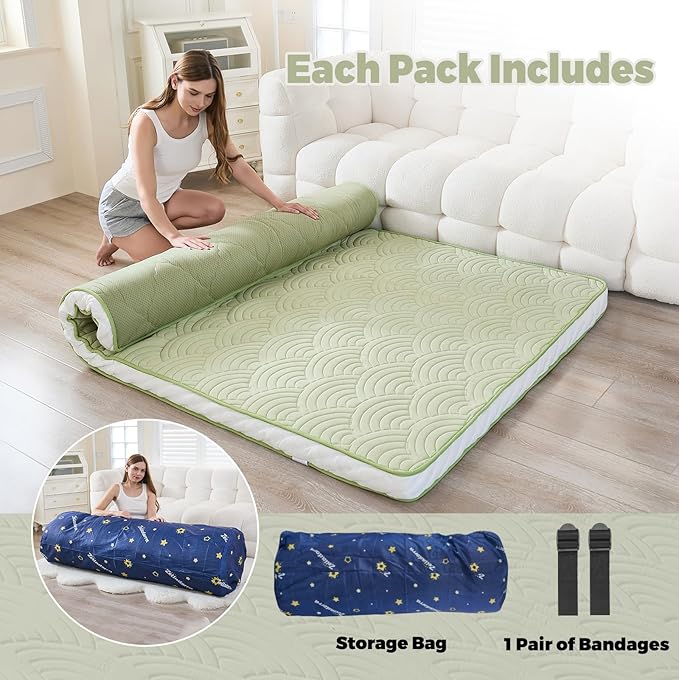 Zelladorra Japanese Floor Mattress, Quilted Futon Mattress with Anti-Slip Bottom, Foldable Floor Bed with Storage Bag and Straps, (Green, Twin)