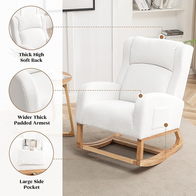 HCHAIRH Rocking Chair Nursery, Nursing Rocking Chairs for Mom Nursery, Comfy Wingback Glider Rocking Armchair with Foot Rest and Side Pocket for Nursery Living Room Bedroom, Teddy White