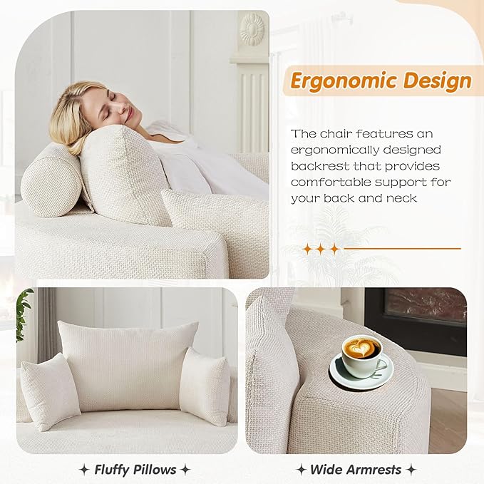 55"W Oversized Round Chair Lounge Chaise Indoor,Upholstered Comfy Circle Sofa Armchair,Modern Cozy Boneless Foam Floor Reading Chair for Living Room,Bedroom,No Assembly Required(Grid Chenille,Beige)